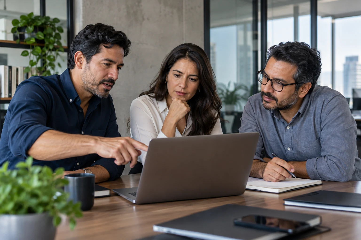 Technology professionals reviewing a project together in a contemporary office