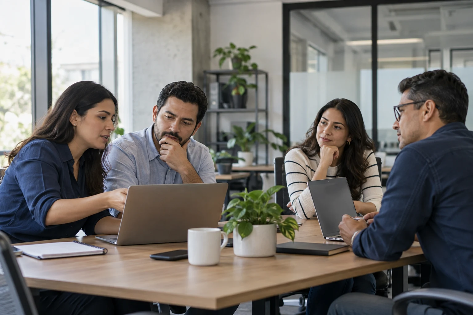 Professionals reviewing technology work together