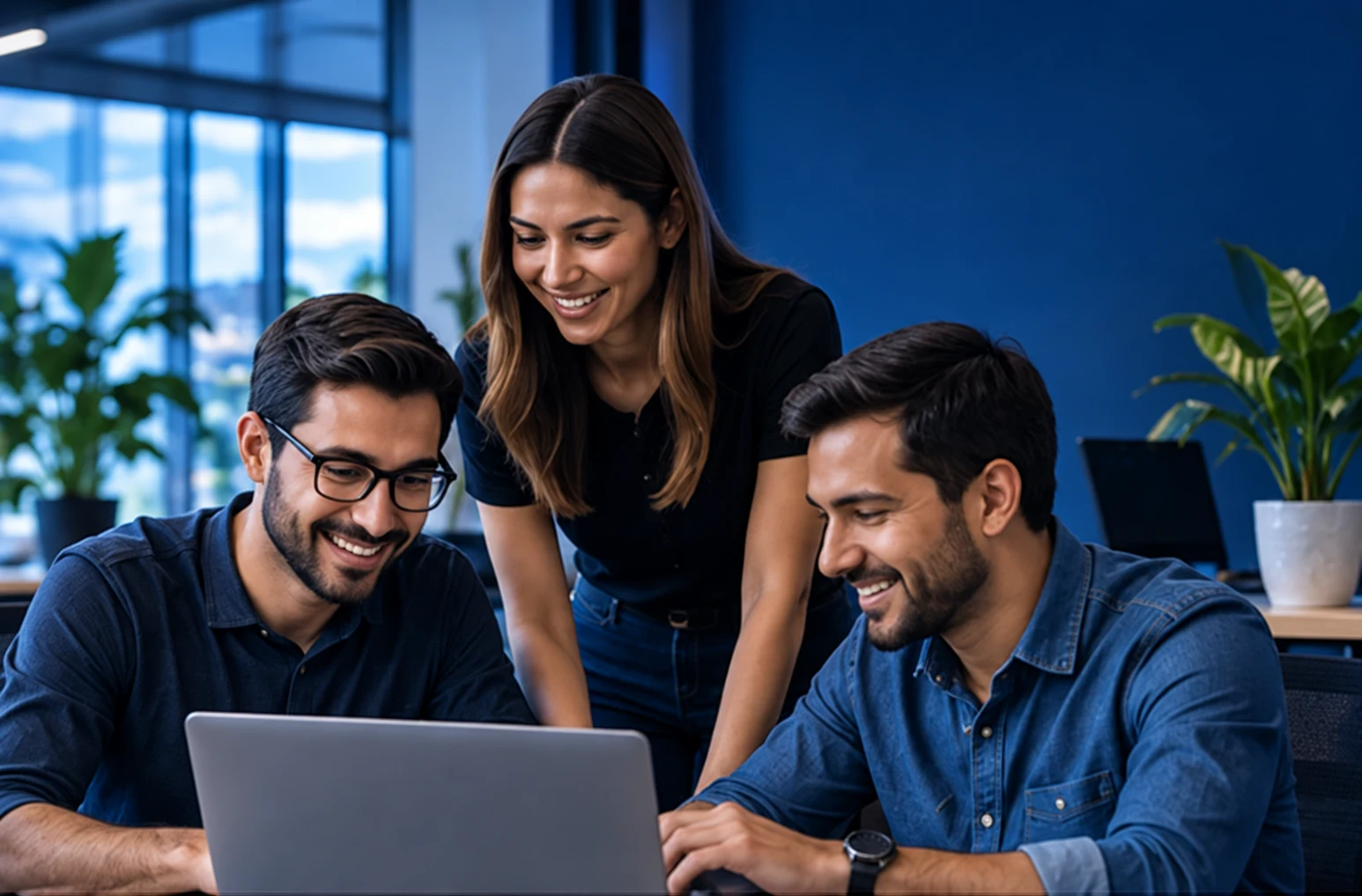 Software professionals collaborating around a laptop
